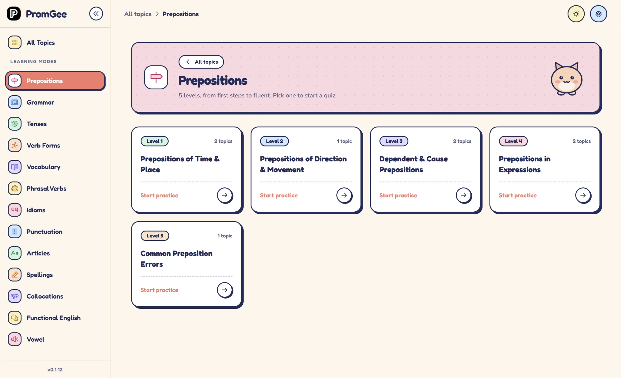 PromGee desktop app: the Prepositions topic with five levels to choose from